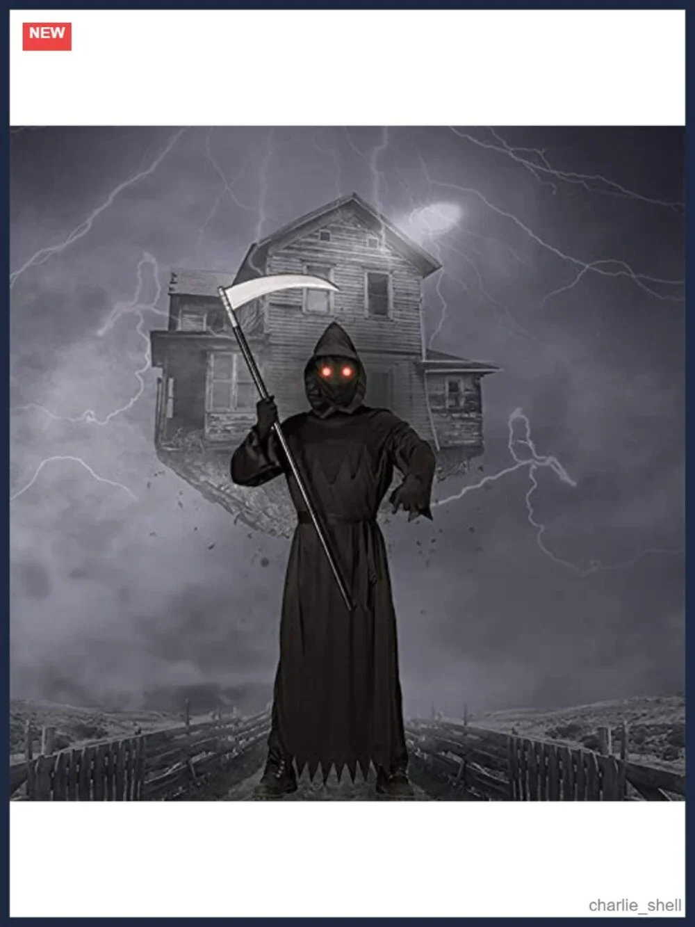 Grim Reaper Halloween Costume with Glowing Red Eyes and Scythe for Kids